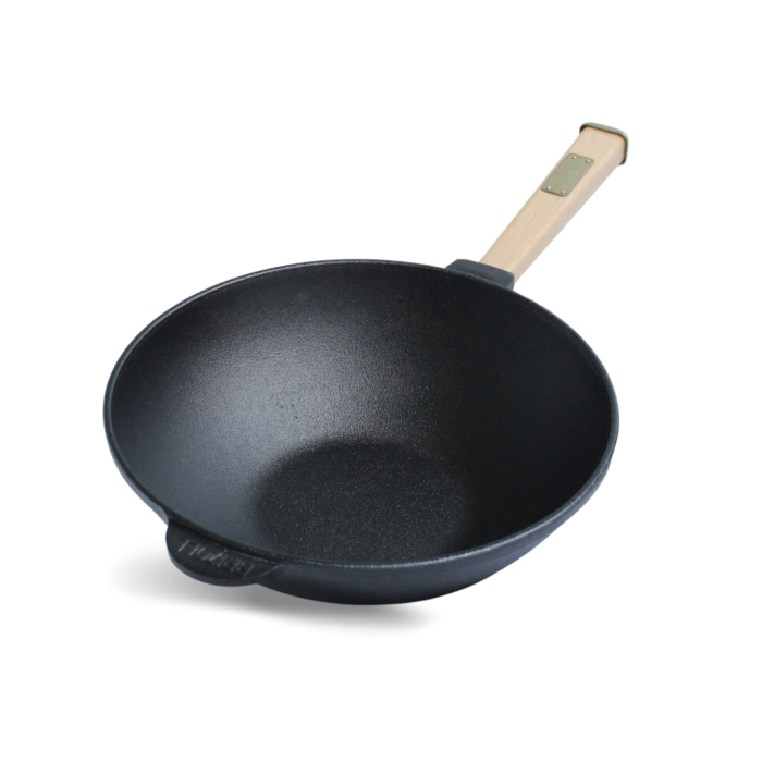 Чугунная сковорода с деревянной ручкой и алюминиевой крышкой WOK 2,2 л.