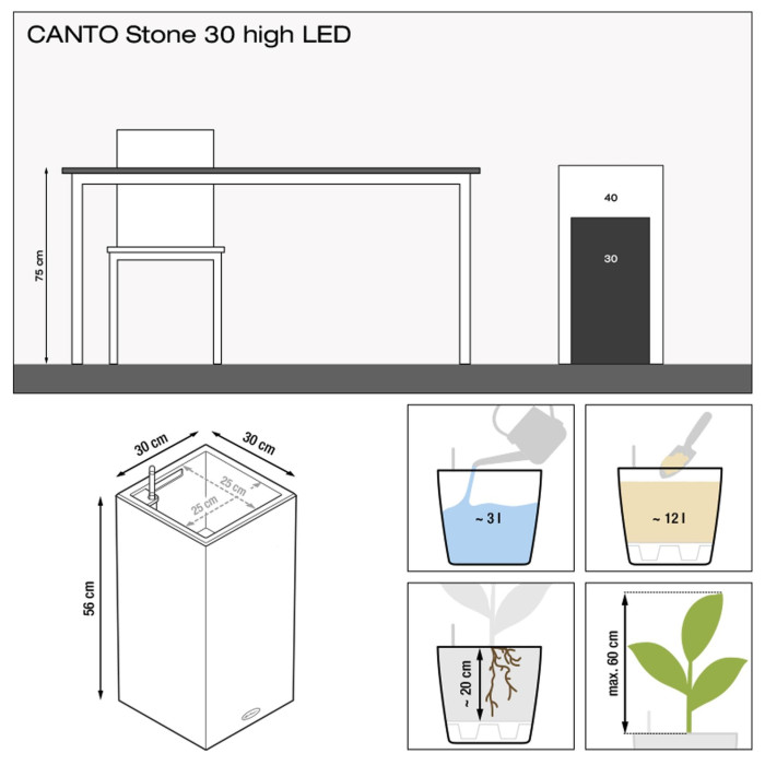 Вазон Lechuza CANTO stone 30 LED high, светло-серый