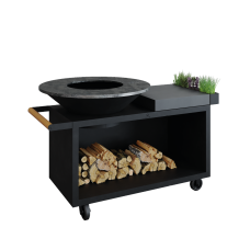 Гриль очаг OFYR Island Black 100 PRO Ceramic Dark Grey на колесах с дровницей, керамической рабочей поверхностью, ручкой и лотко