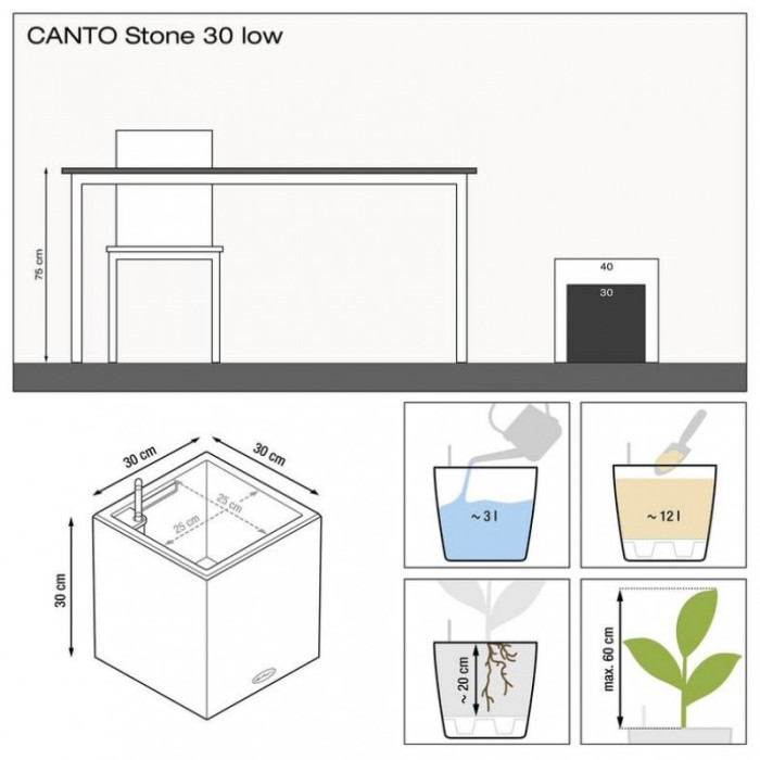 Вазон Lechuza Canto Stone Low 30, графитово-черный
