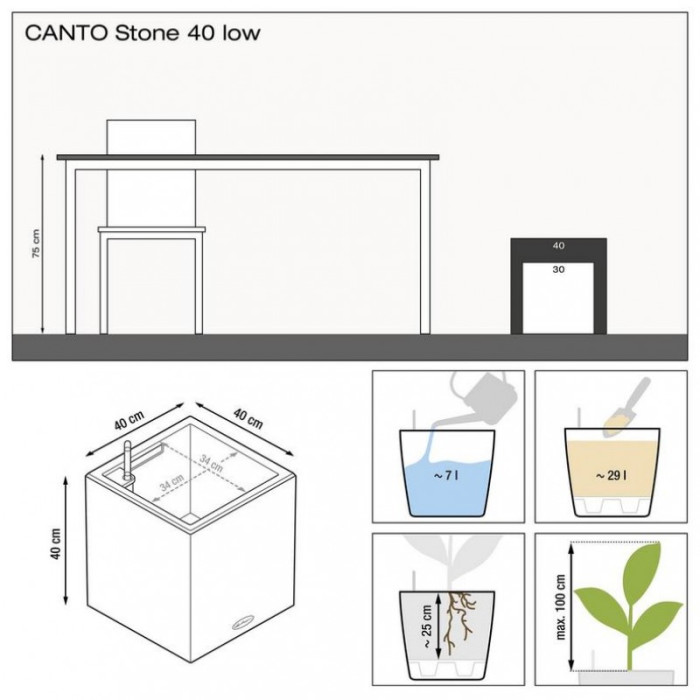 Вазон Lechuzа Canto Stone Low 40, графитово-черный