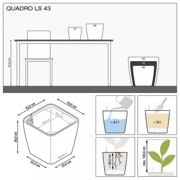 Вазон Lechuzа Quadro Premium LS 43, серо-коричневый