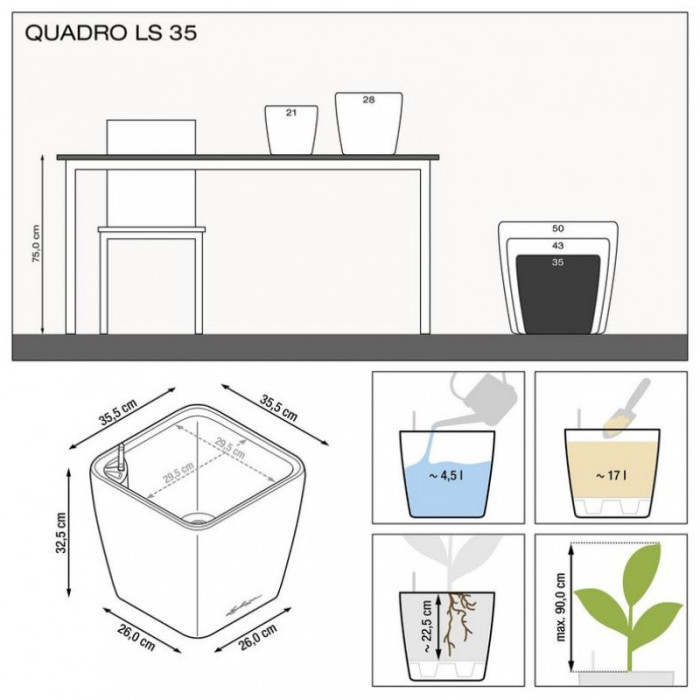 Вазон Lechuzа Quadro Premium LS 35, серо-коричневый