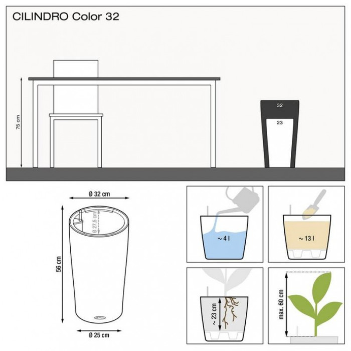 Вазон Lechuzа Cilindro color 32, серый