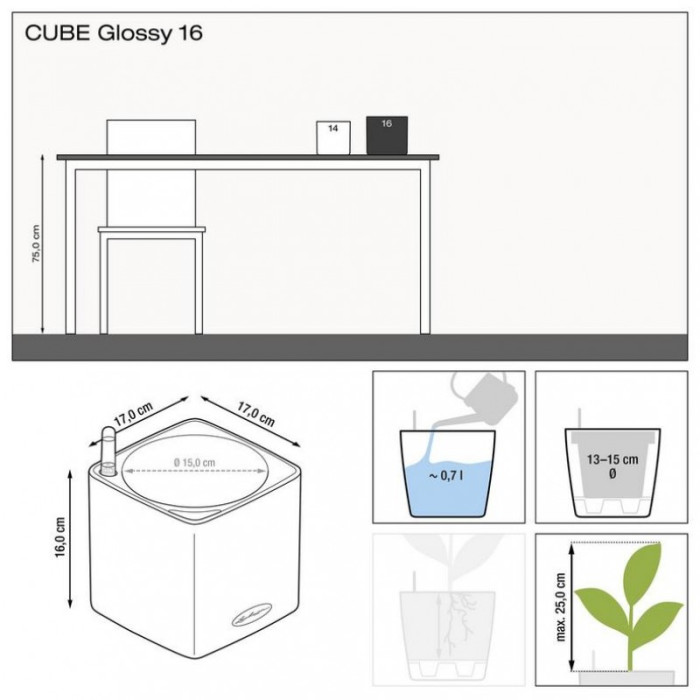 Вазон Lechuza CUBE Glossy 16 белый блестящий - 13520